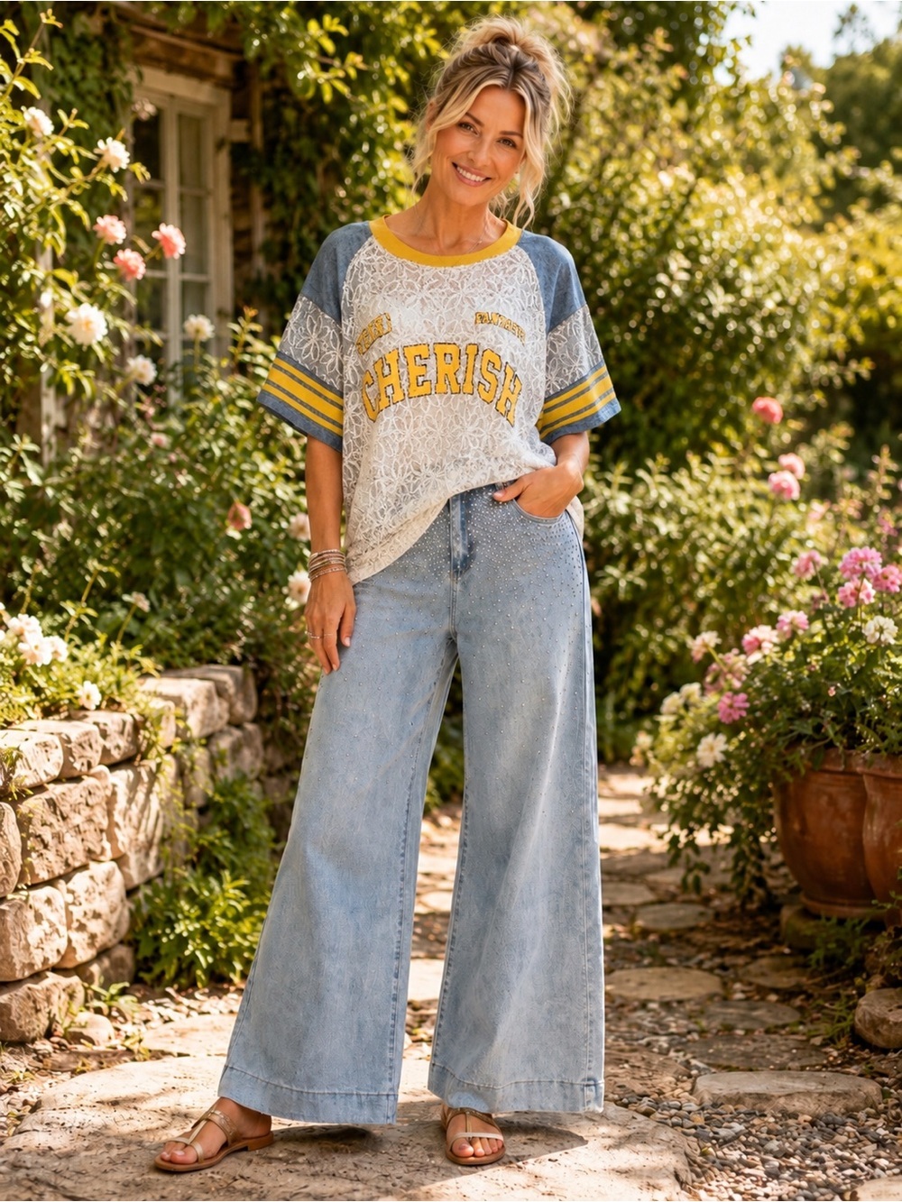 Origami Oversized Lace Sequin “Cherish” Varsity Tee Tunic Blue Yellow